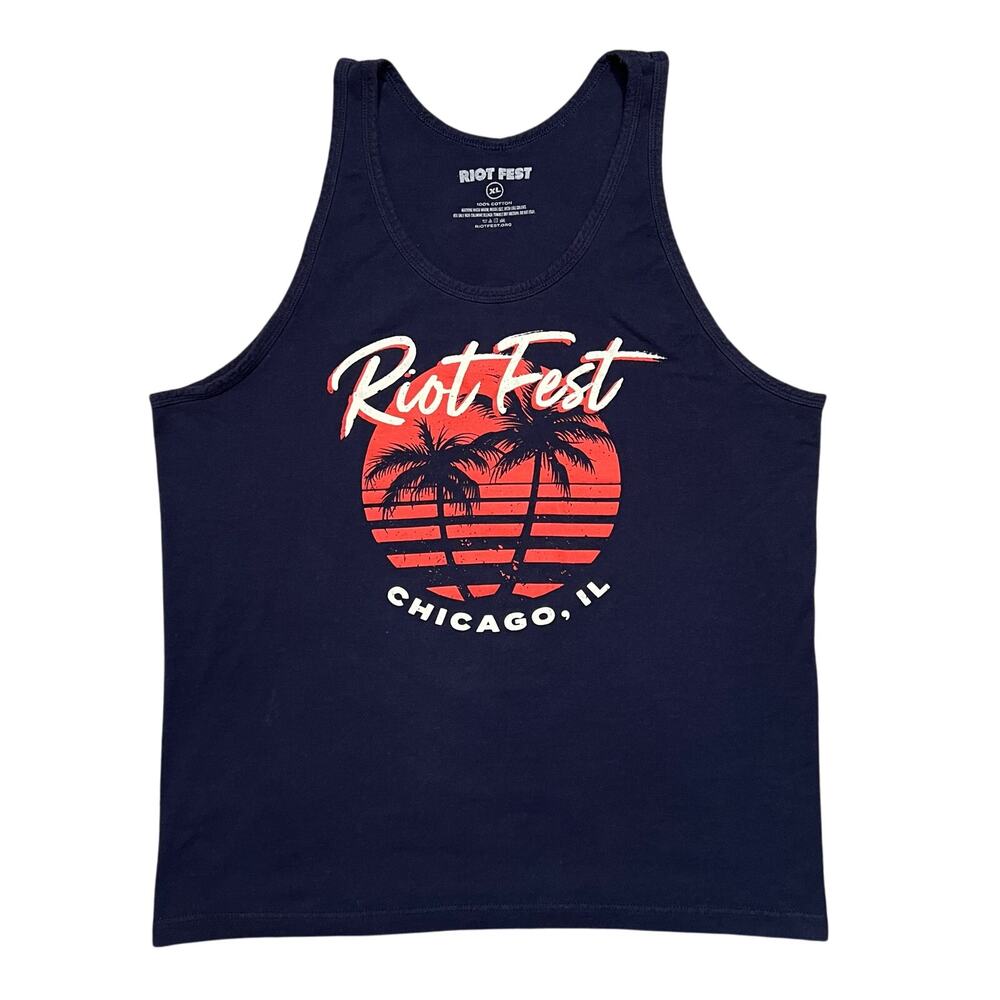 Riot Fest Music Festical Chicago IL Palm Trees Sunset Navy Tank Top Mens Size XL